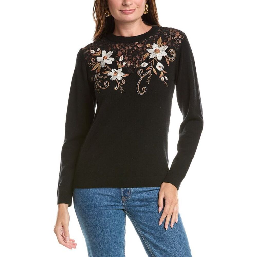 Johnny Was Womens The Lace Wool & Cashmere-Blend Sweater, Black